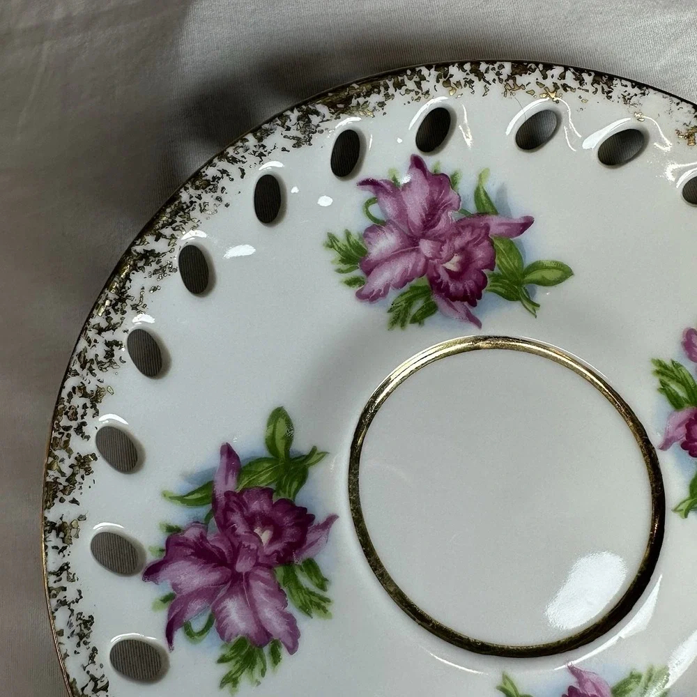 Iridescent Pink Orchid Tea Cup Reticulated Saucer‎ Lusterware Grandmillennial